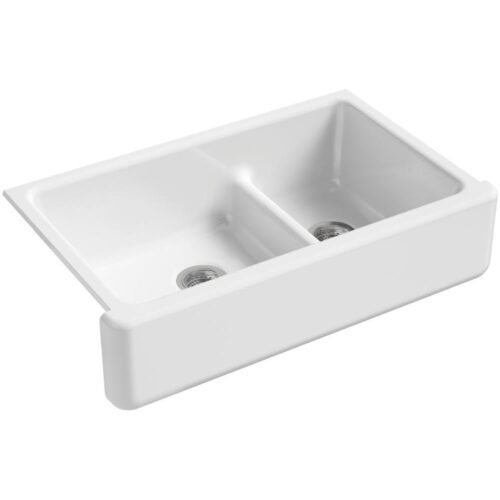 Whitehaven Smart Divide Self-Trimming Farmhouse Apron Front Cast Iron 36 in. Double Bowl Kitchen Sink in White