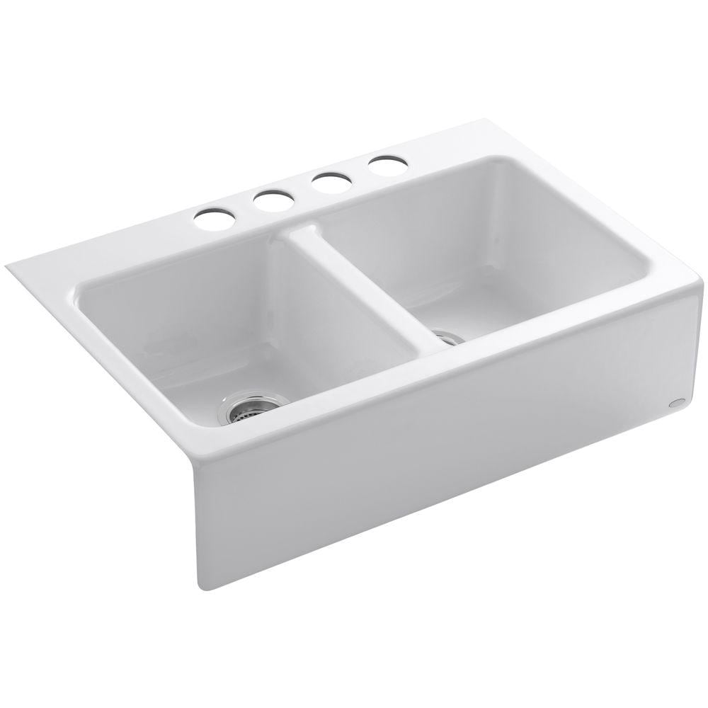 Hawthorne Undermount Farmhouse Apron Front Cast Iron 33 in. 4-Hole Double Bowl Kitchen Sink in White Hawthorne Undermount Farmhouse Apron Front Cast Iron 33 in. 4-Hole Double Bowl Kitchen Sink in White