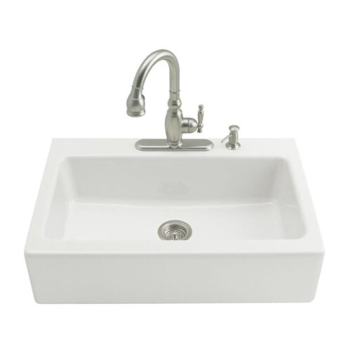 Dickinson Tile-In Farmhouse Apron-Front Cast Iron 33 in. 4-Hole Single Bowl Kitchen Sink in White