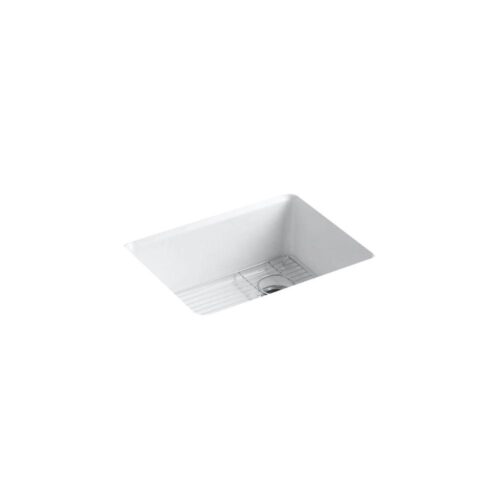 Riverby Undermount Cast Iron 25 in. 5-Hole Single Bowl Kitchen Sink in White with Basin Rack