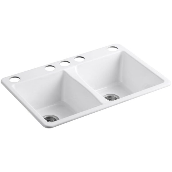 Deerfield Undermount Cast Iron 33 in. 5-Hole Double Bowl Kitchen Sink in White