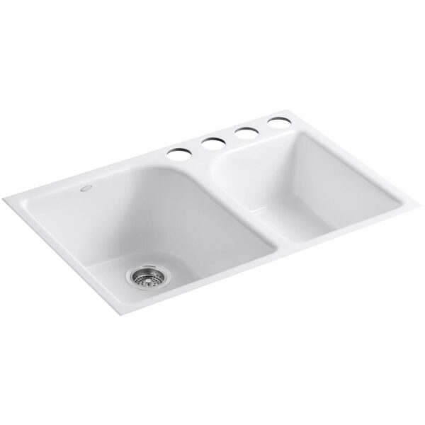 Executive Chef Undermount Cast Iron 33 in. 4-Hole Double Basin Kitchen Sink in White with Basin Rack