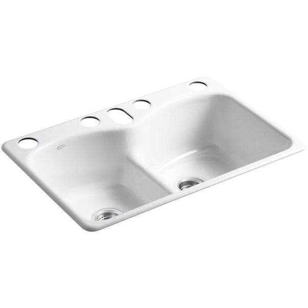 Langlade Smart Divide Undermount Cast Iron 33 in. 6-Hole Double Bowl Kitchen Sink in White