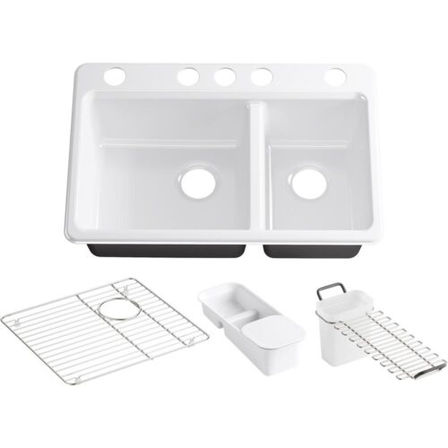 Riverby Undermount Cast Iron 33 in. 5-Hole Double Bowl Kitchen Sink Kit in White