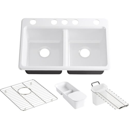 Riverby Workstation Undermount Cast Iron 33 in. 5-Hole Double Bowl Kitchen Sink Kit in White with Accessories