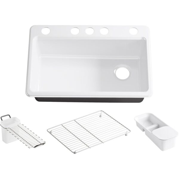 Riverby Undermount Cast Iron 33 in. 5-Hole Single Bowl Kitchen Sink with Accessories in White