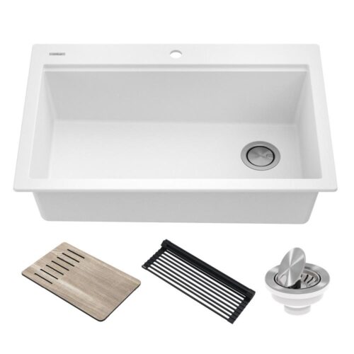 Bellucci Workstation 33 in. Granite Composite Single Bowl Drop-In Kitchen Sink in White with Accessories