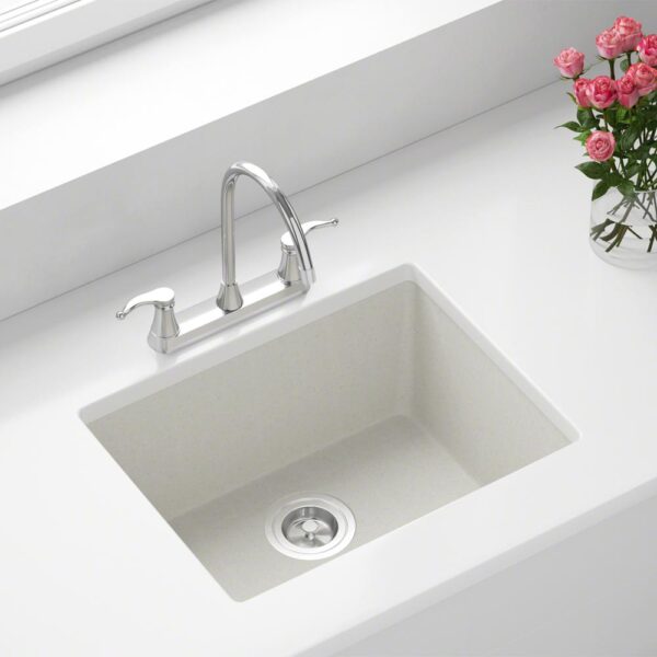 White Quartz Granite 22 in. Single Bowl Dualmount Kitchen Sink with Strainer