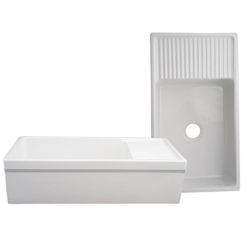 Quatro Alcove Reversible Series Farmhaus Farmhouse Apron Front Fireclay 36 in. Single Bowl Kitchen Sink in White Quatro Alcove Reversible Series Farmhaus Farmhouse Apron Front Fireclay 36 in. Single Bowl Kitchen Sink in White